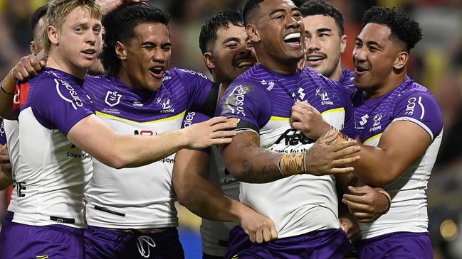 TOWNSVILLE, AUSTRALIA - AUGUST 29: Lazarus Vaalepu of the Storm celebrates after scoring a try  during the round 26 NRL match between North Queensland Cowboys and Melbourne Storm at Qld Country Bank Stadium, on August 29, 2024, in Townsville, Australia. (Photo by Ian Hitchcock/Getty Images)