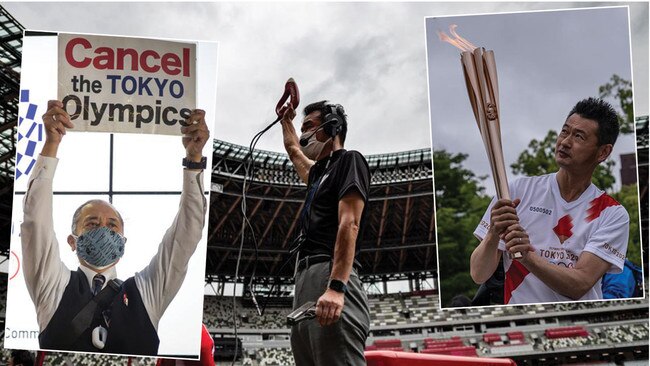 A man joins protests in Japan called for the Olympics to be abandoned (left) as an official fires the starting gun during a trial event at Tokyo's Olympic Stadium (main) and a torch bearer carries the Olympic torch (right). Pictures: AFP