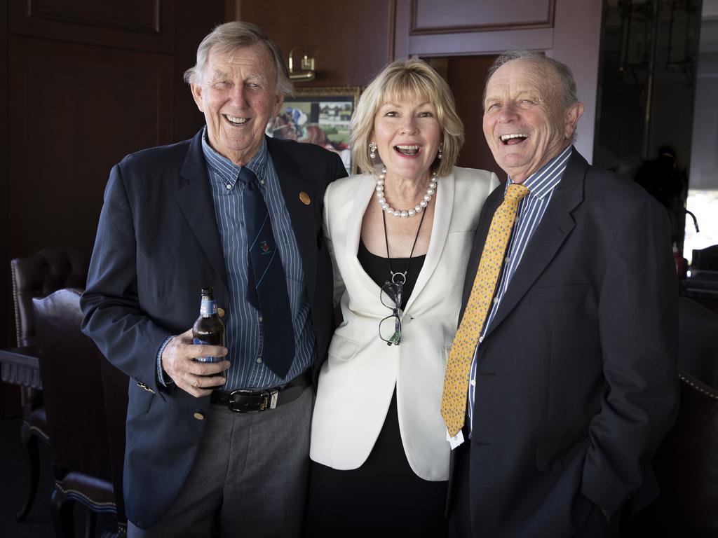 John Singleton, Katie Page and Gerry Harvey at Royal Randwick racecourse in Sydney in 2021. Picture Chris Pavlich