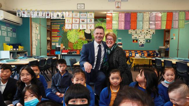 Federal Education Minister Jason Clare with his old teacher Cathy Fry in a year 2 classroom at Cabramatta Public School in western Sydney. Picture: John Feder/The Australian.