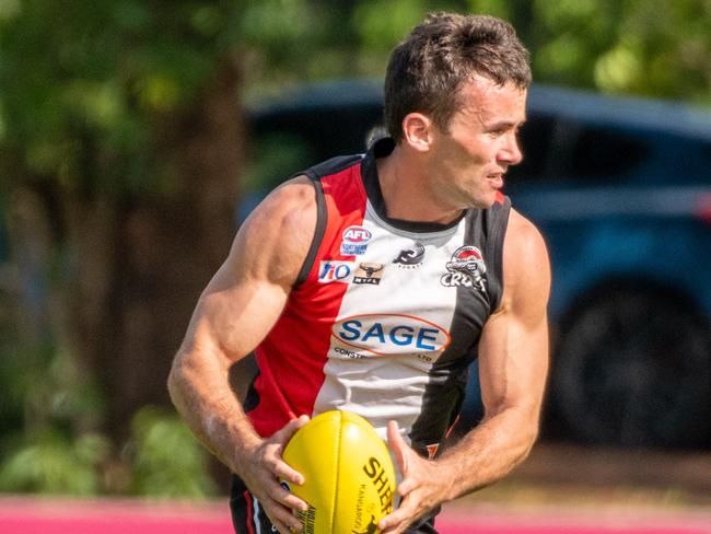 Southern Districts skipper Dean Staunton worked hard for the Districts in their win over Tiwi Bombers. Picture: Aaron Black/AFLNT Media