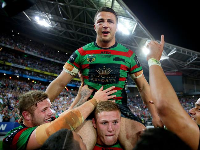 Sam Burgess is chaired off after the 2014 grand final. Picture: Gregg Porteous