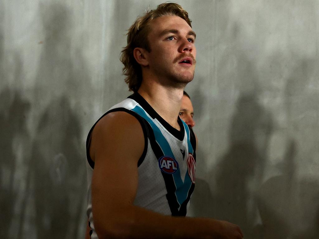 MELBOURNE, AUSTRALIA – JUNE 30: Jason Horne-Francis of the Power walks out onto the field during the round 16 AFL match between St Kilda Saints and Port Adelaide Power at Marvel Stadium, on June 30, 2024, in Melbourne, Australia. (Photo by Quinn Rooney/Getty Images)