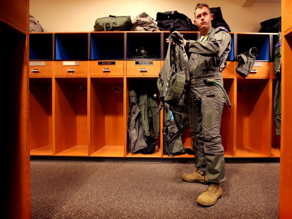 Australian Pilots training in the F35 fighter Jets Luke Airforce Base in Phoenix Arizona. Flight Lieutenant “Damo” before a flight . Picture: Nathan Edwards
