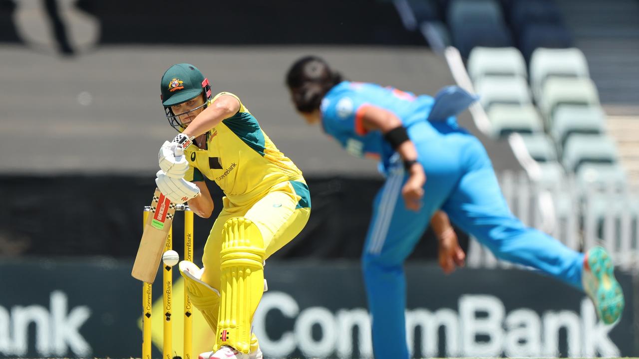 Georgia Voll bats for Australia bats during game three of the Women's ODI Series between Australia and India. Picture: Getty Images