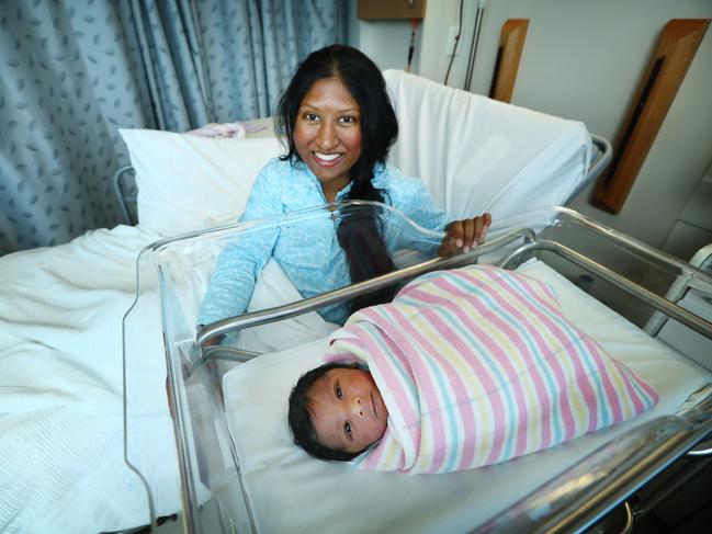 07/08/2018: Australia's population reached 25 million this morning. Shravanithi Vootiuri, 33, gave birth to her second baby boy at 1:10am this morning. The boy, who is yet to be named, was the first child born at Westmead Hospital this morning. Westmead is the biggest hospital for childbirths in the state of NSW. Shravanithi moved from India to Wentworthville in 2011 to live with her husband. Hollie Adams/The Australian