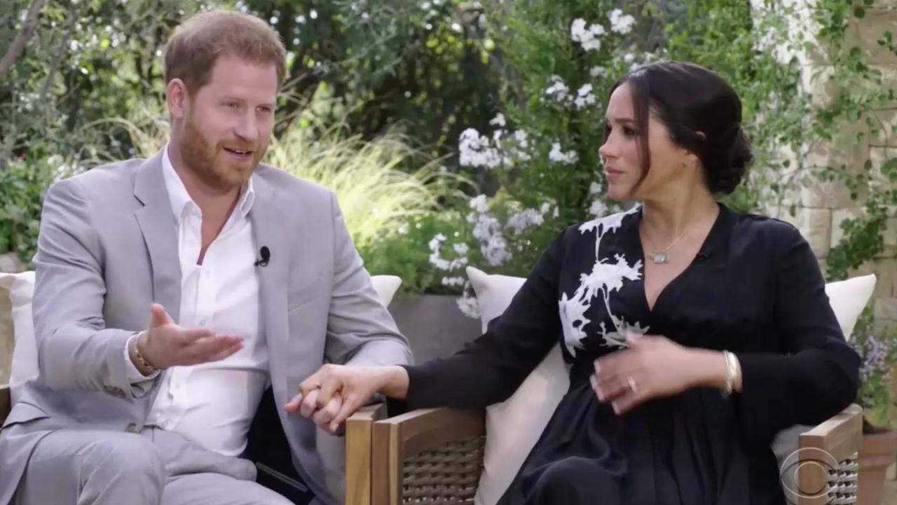 Harry and Meghan during their interview with Oprah Winfrey. Picture: CBS