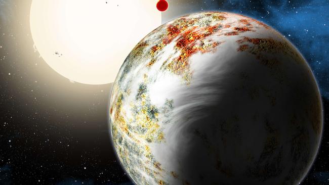 This June 2, 2014 handout provided by the Harvard-Smithsonian Center for Astrophysics, shows the newly discovered 'mega-Earth' Kepler-10c dominating the foreground in this artist's conception. Its sibling, the lava world Kepler-10b, is in the background. Both orbit a sunlike star. Astronomers announced June 2, 2014 that they have discovered a new type of planet -- a rocky world weighing 17 times as much as Earth. Theorists believed such a world couldn't form because anything so hefty would grab hydrogen gas as it grew and become a Jupiter-like gas giant. This planet, though, is all solids and much bigger than previously discovered 'super-Earths,' making it a 'mega-Earth.' AFP PHOTO / HANDOUT /Harvard-Smithsonian Center for Astrophysics / David A. Aguilar (CfA) == RESTRICTED TO EDITORIAL USE, MANDATORY MENTION OF THE ARTIST UPON PUBLICATION, TO ILLUSTRATE THE EVENT AS SPECIFIED IN THE CAPTION ==