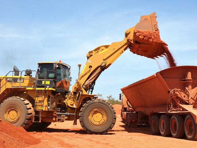 Surface stipping bauxite ore into trucks at the Bauxite Hills mine, 100kms north of Weipa.  Picture: PETER CARRUTHERS