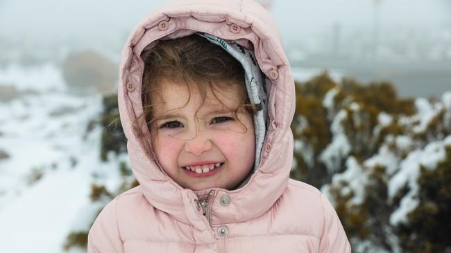 Harriet Kemp, 3, enjoying the now up Mount Wellington. Picture : Mireille Merlet