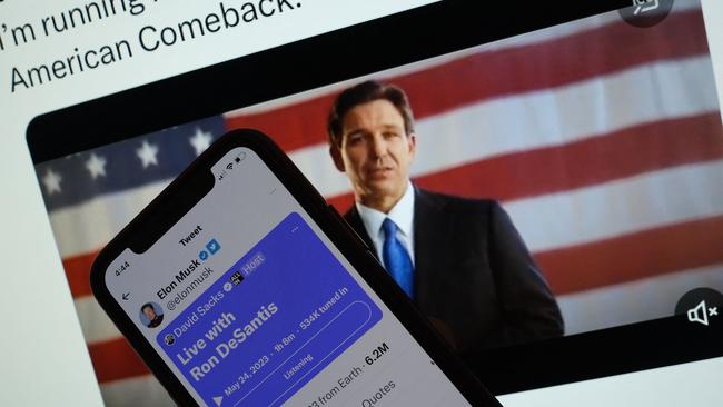 The live Twitter talk with Elon Musk with a background of Ron DeSantis as he announces his 2024 presidential run on his Twitter page. Picture: Chris Delmas/AFP