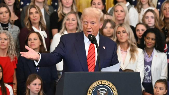 Donald Trump speaks before signing the No Men in Women's Sports Executive Order into law in the East Room of the White House. Picture: AFP.