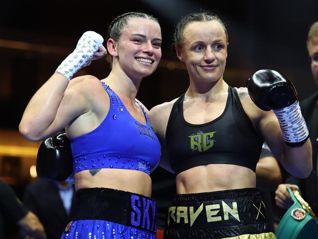 RIYADH, SAUDI ARABIA - OCTOBER 12: Skye Nicolson and Raven Chapman react after the Women's WBC World Featherweight title fight between Skye Nicolson and Raven Chapman as part of the Riyadh Season - IV Crown Showdown card at Kingdom Arena on October 12, 2024 in Riyadh. (Photo by Richard Pelham/Getty Images)