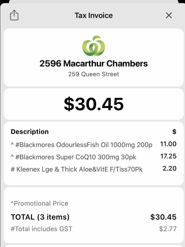 Woolworths shopper screenshots a receipt of their points being used by someone else.