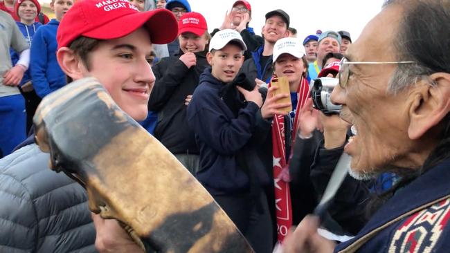 A still from the viral footage of the encounter between US student Nick Sandmann and Native American Nathan Phillips. Picture: Supplied 