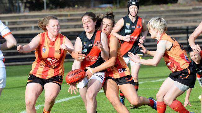 Action from last season’s SA Women’s Football League grand final between Morphettville Park and West Adelaide. Picture: Greg Higgs