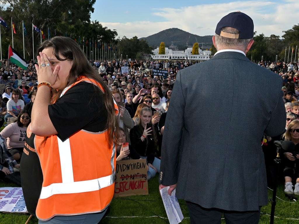 National Rally Against Violence march organiser Sarah Williams was left in tears when the prime minster began speaking. Picture: AAP Image/Mick Tsikas