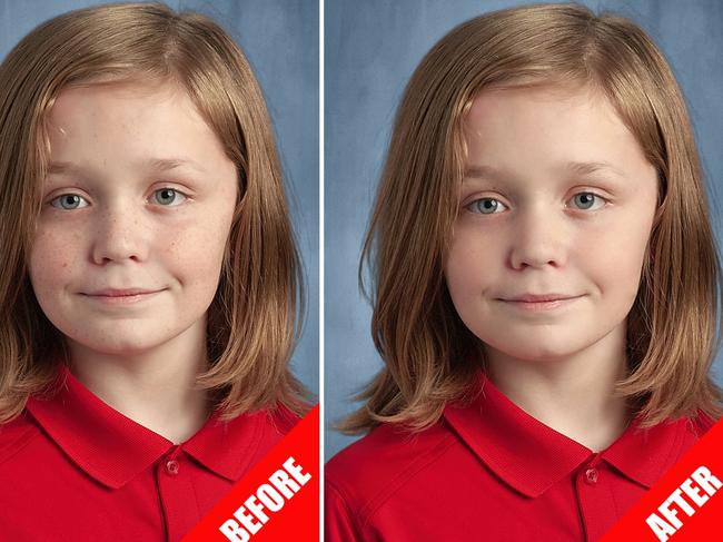 Kristin Loerns was shocked to find that her then-10-year-old son Kieran’s freckles had been edited out of his school photo (pictured at right) when she requested basic retouching for blemish removal.