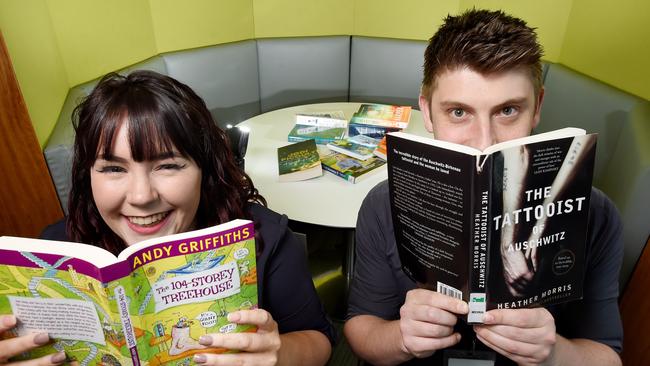 Late fines have been permanently scrapped from Eastern Regional Libraries including Ringwood’s Realm. Pictured are staff Tiffany Lucas and Liam Blandon.