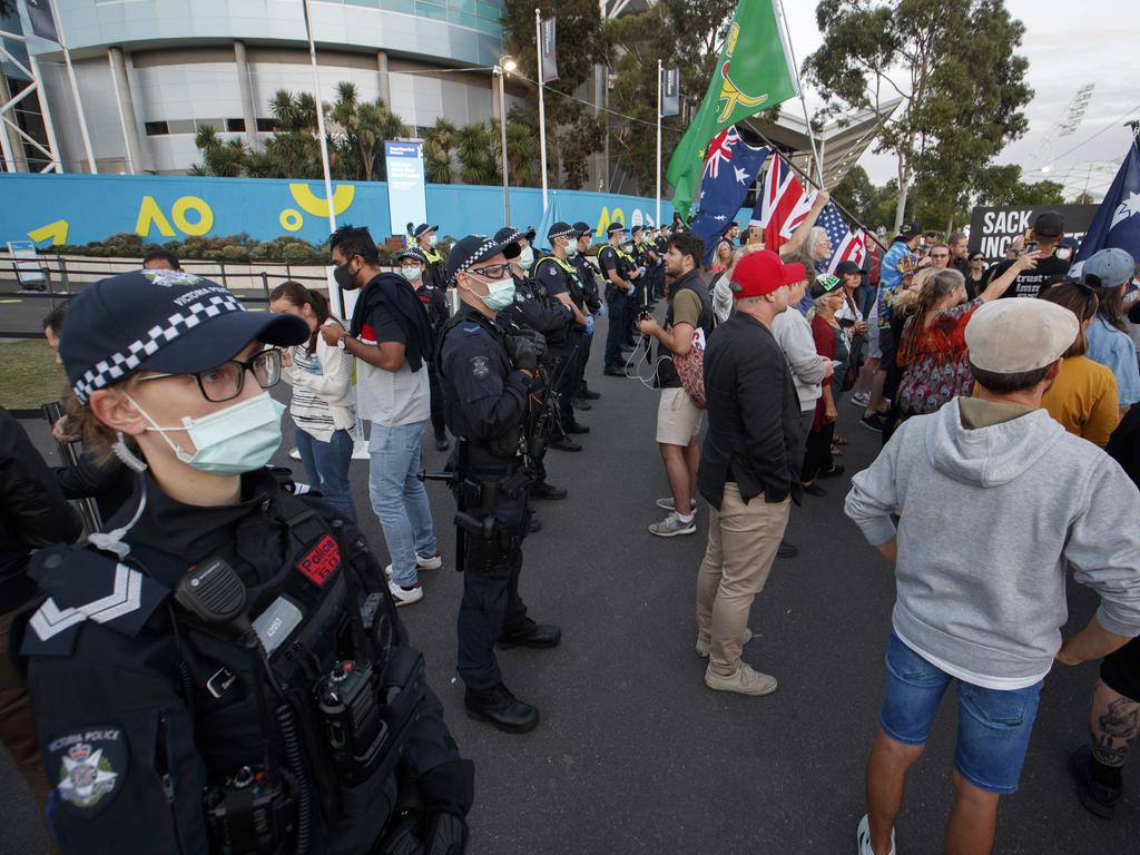 A line of Victoria Police officers. Picture: David Geraghty