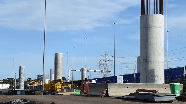 Pylons along the edge of the West Gate Freeway off-ramp near Spotswood. Picture: Josie Hayden