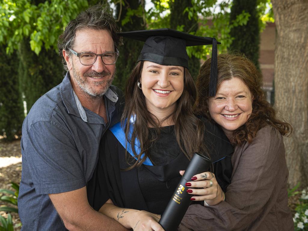 Bachelor of Nursing graduate Ella Stone with parents Hugh and Fiona Stone at a UniSQ graduation ceremony at The Empire, Tuesday, October 29, 2024. Picture: Kevin Farmer