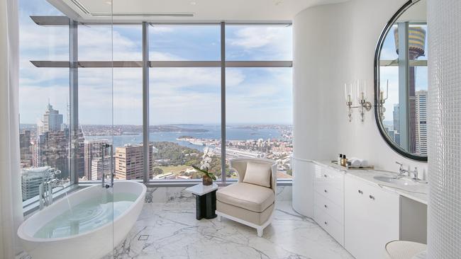 A bathroom in the Boyd penthouse, with stunning views over Sydney.