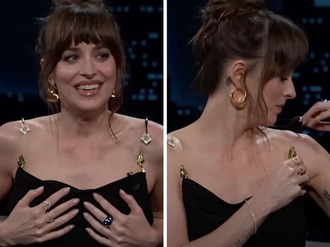 Dakota Johnson suffers wardrobe malfunction on Jimmy Kimmel Llive.