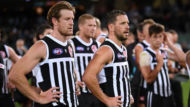 Port Adelaide veterans Tom Jonas and Travis Boak after the Showdown loss. Picture: Mark Brake/Getty Images