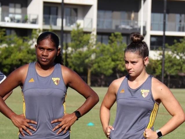 Buffettes captain Kylie Duggan believes Dom Carbone (right) has the talent to join Ashanti Bush (Gold Coast) in the AFLW. Both Buffettes stars are pictured training with Hawthorn’s VFLW team back in January. Picture: Supplied