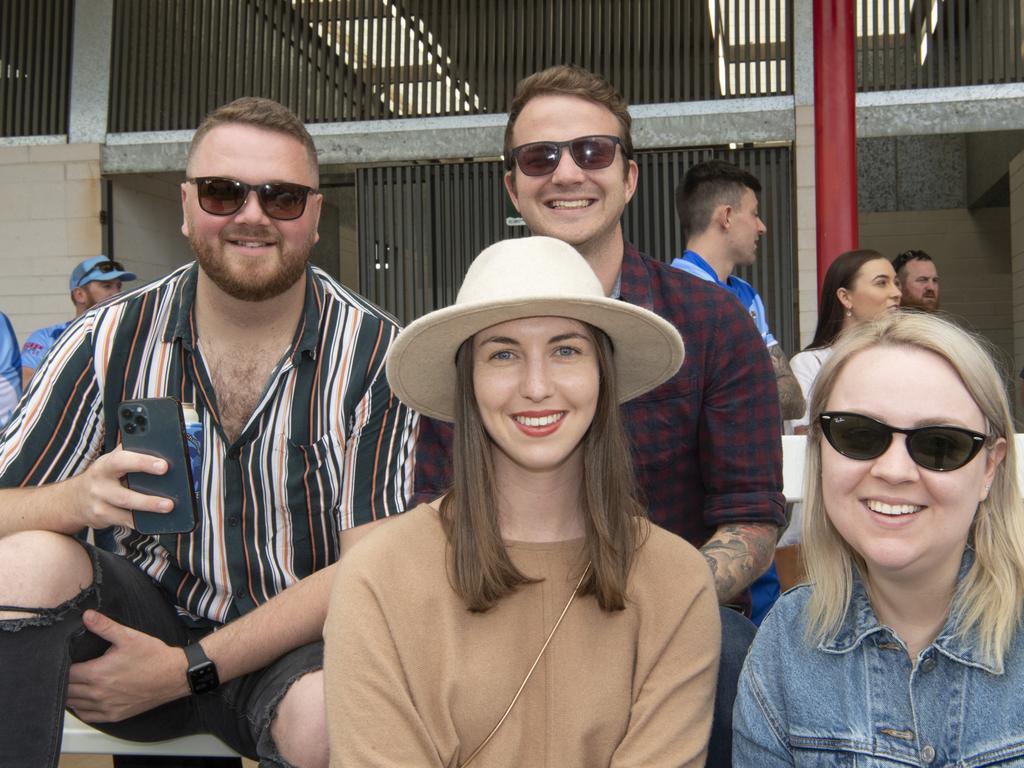 ( Back from left ) Dylan Sinclair and Jordyn Armanelli. ( Front from left ) Sam Ritchie and Nikola Prince. Brett Forte Super 10s Memorial Rugby Challenge. QPS vs The Army. Saturday, August 14, 2021. Picture: Nev Madsen.