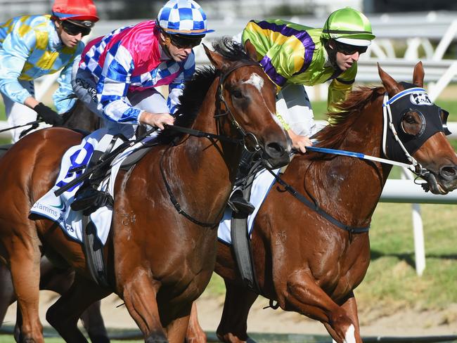 MELBOURNE, AUSTRALIA - FEBRUARY 27: Damian Lane riding Flamberge defeats Glyn Schofield riding Fell Swoop in Race 8, Oakleigh Plate during Melbourne Racing at Caulfield Racecourse on February 27, 2016 in Melbourne, Australia. (Photo by Vince Caligiuri/Getty Images)