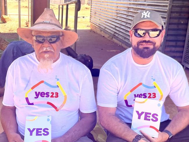 Yes23 Referendum SA Remote Polling:  Yes campaigners in Amata in the APY Lands, Lee Brady and Tjangu Thomas.Credit: Supplied.