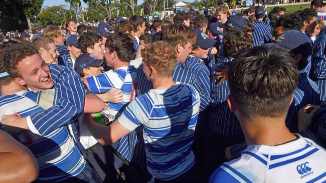 Nudgee players and supporters celebrate the win. GPS First XV match between home side Nudgee and Ipswich Grammar School. Saturday September 11, 2021. Picture, John Gass