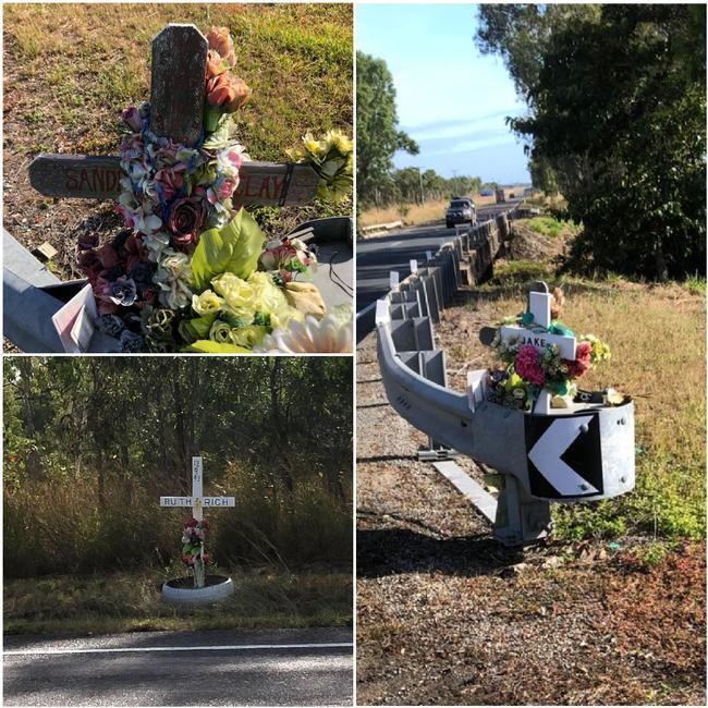 Transport and Main Roads has promised to return these roadside memorials their original locations on completion of the highway upgrades. Picture: Facebook