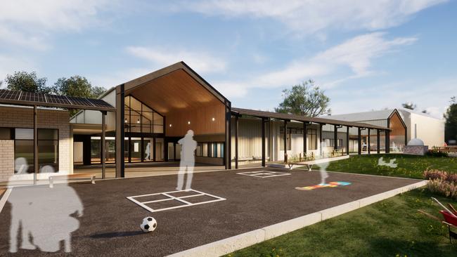 An artist’s impression of the “administration and learning centre” at the new Catholic primary school on Feehans Rd in Mt Duneed.