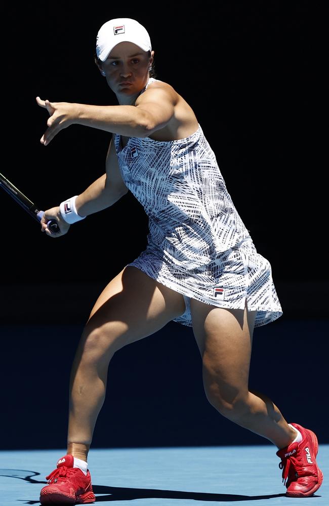 Ash Barty’s bright red shoes during her second round match on Rod Laver Arena on Wednesday. Picture: Darrian Traynor/Getty Images