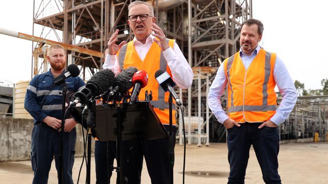 A fired-up Anthony Albanese fronts reporters in Gladstone, QLD today at the Northern Oil Refinery. Picture: Sam Ruttyn