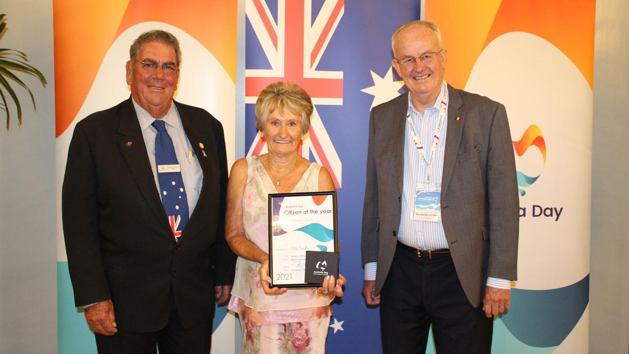 Somerset Mayor Graeme Lehmann and Australia Day Ambassador Robert(Bob Atkinson) congratulate Somerset Citizen of the Year Patti Jaenke. Photo: Somerset Regional Council.