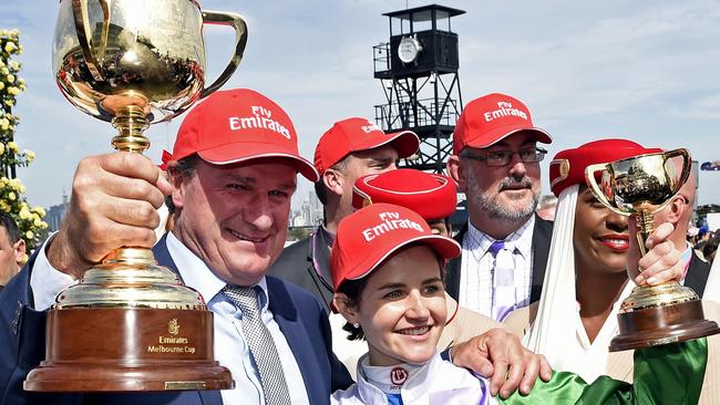 Prince of Penzance trainer Darren Weir with jockey Michelle Payne in 2015. Picture: AP