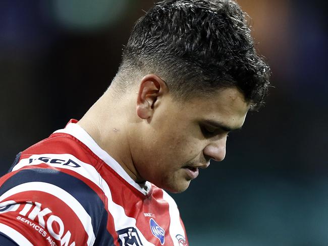 SYDNEY, AUSTRALIA - JUNE 16: Latrell Mitchell of the Roosters looks on during the round 14 NRL match between the Sydney Roosters and the Canterbury Bulldogs at the Sydney Cricket Ground on June 16, 2019 in Sydney, Australia. (Photo by Ryan Pierse/Getty Images)