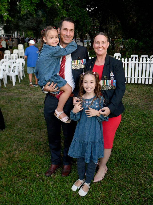 Anzac Day 2025. Dawn service Anzac Park Townsville. Kylie Hasse and Tim Hawley and their children Audrey and Harriet. Picture: Evan Morgan
