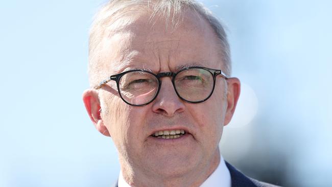 Australian Prime Minister Anthony Albanese speaks during g a press conference at the Osborne Naval Shipyard in Adelaide. NCA NewsWire / David Mariuz