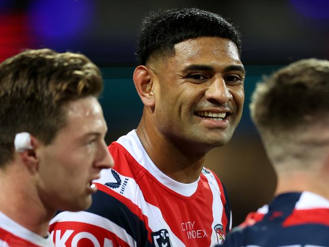 SYDNEY, AUSTRALIA - AUGUST 20: Daniel Tupou of the Roosters celebrates a try during the round 23 NRL match between the Sydney Roosters and the Wests Tigers at Sydney Cricket Ground, on August 20, 2022, in Sydney, Australia. (Photo by Scott Gardiner/Getty Images)