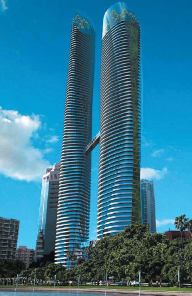 Artist impression of 2007-era proposal by Portberg Property for $850 million, 101-storey twin towers project on the Bruce Bishop Carpark site in Surfers Paradise on the Gold Coast