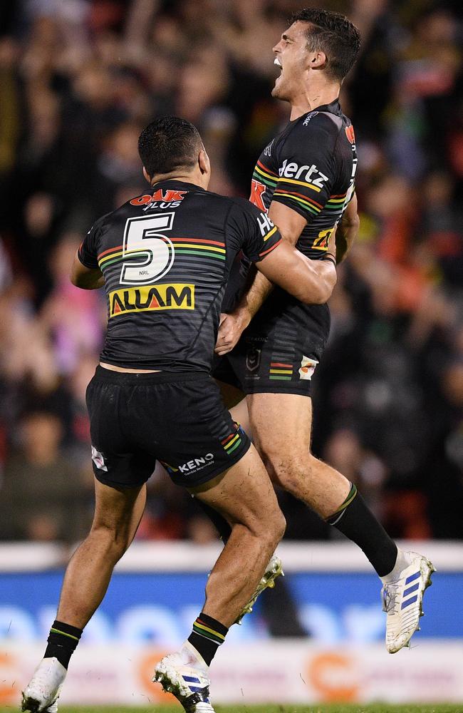 Nathan Cleary celebrates his match-winning field goal. Picture: AAP 