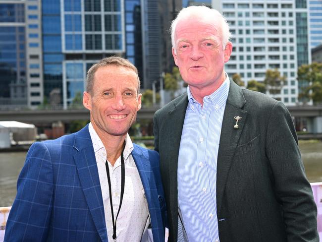 MELBOURNE, AUSTRALIA - NOVEMBER 06: Damien Oliver poses with trainer Willie Mullins during a 2023 Melbourne Cup Preview at PÃÂ©tanque Social, Crown Riverwalk on November 06, 2023 in Melbourne, Australia. (Photo by Vince Caligiuri/Getty Images)