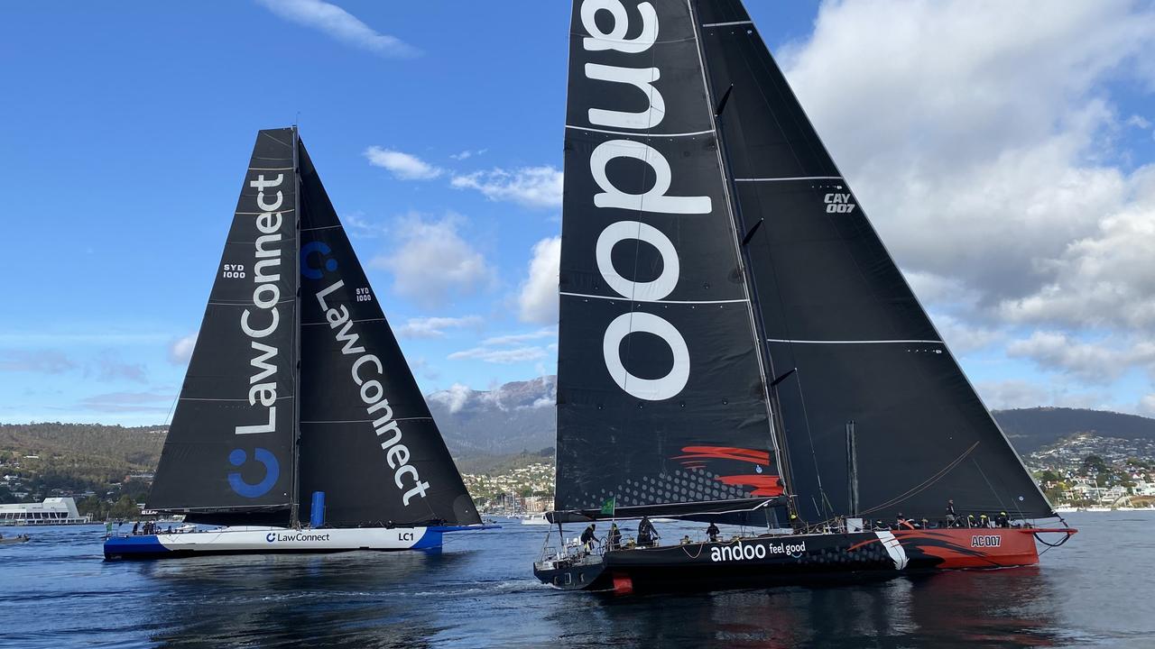Comanche and LawConnect neck and neck in the final stretch of the Sydney to Hobart 2023. Picture: James Bresnehan