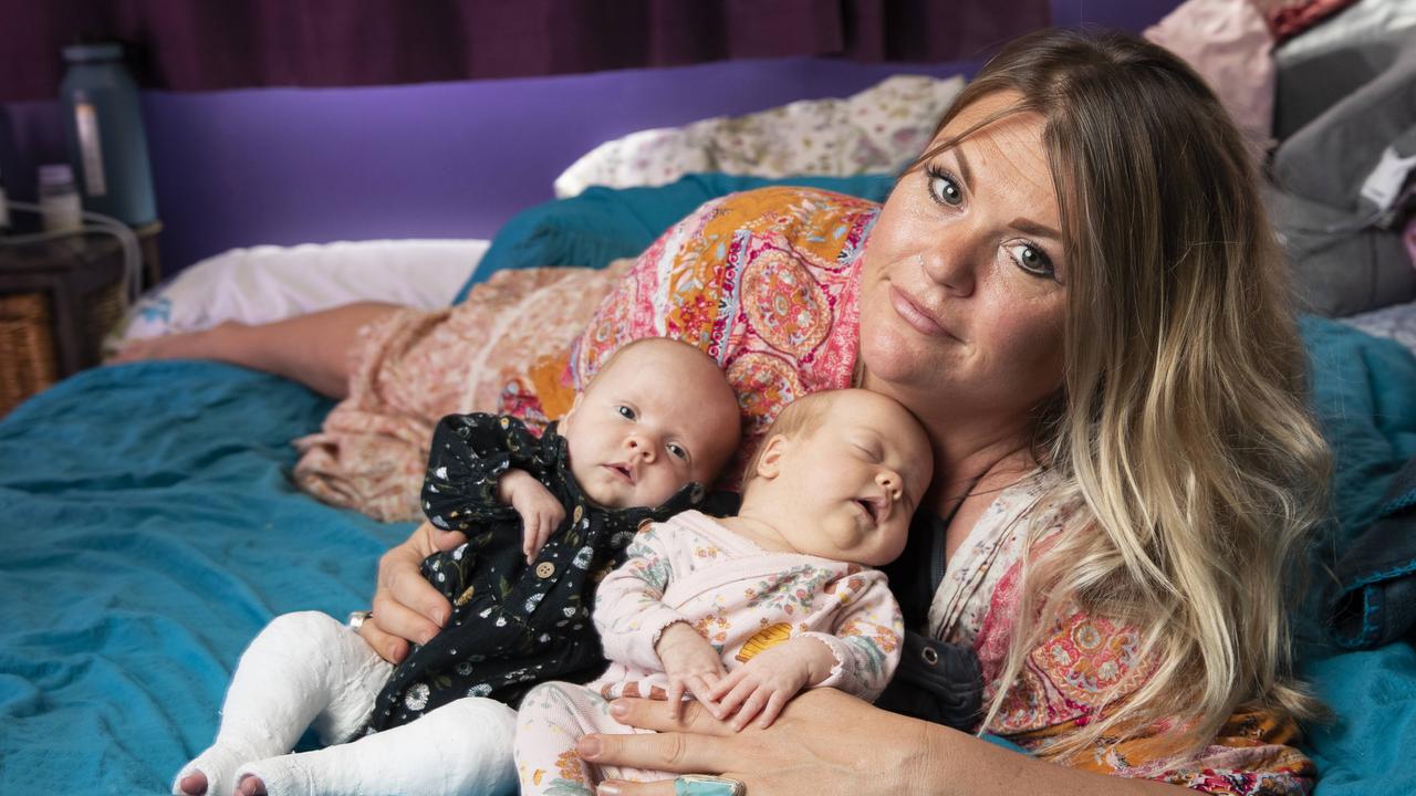 Emma Jackson, a new mum to seven-week-old twins Luna and Ivy, says she is lucky to get two hours sleep a night. Picture: Lachie Millard