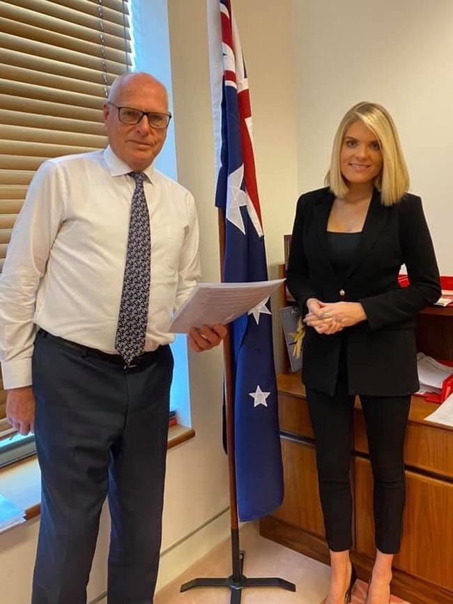 Erin Molan with her father Jim Molan, a retired Army major turned NSW Senator. Molan was at Parliament House to meet with the then-Prime Minister Scott Morrison and then-Communications Minister Paul Fletcher about the scourge of online abuse.